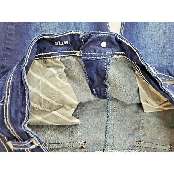 Distressed Vanity Jeans 32 x 32 Premium Embellish Slim Skinny Low Dark Stretch - Picture 10 of 12